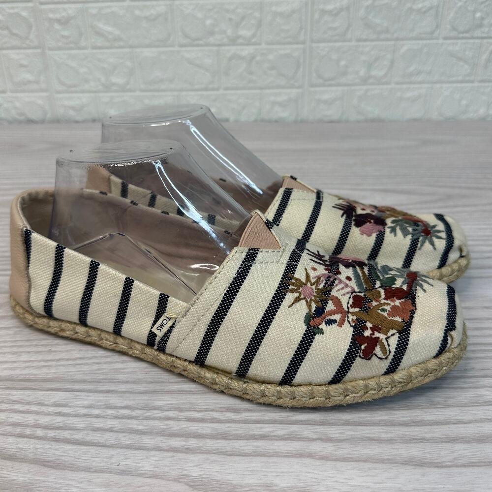 Toms Alpargata Rope Espadrilles Loafer WMNS 8.5 Blue Striped Floral Embroidered